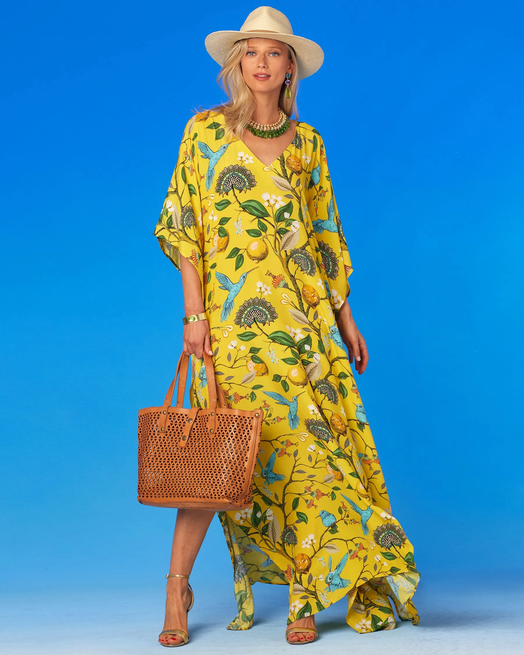 Flora Kaftan in Yellow Hummingbird Print