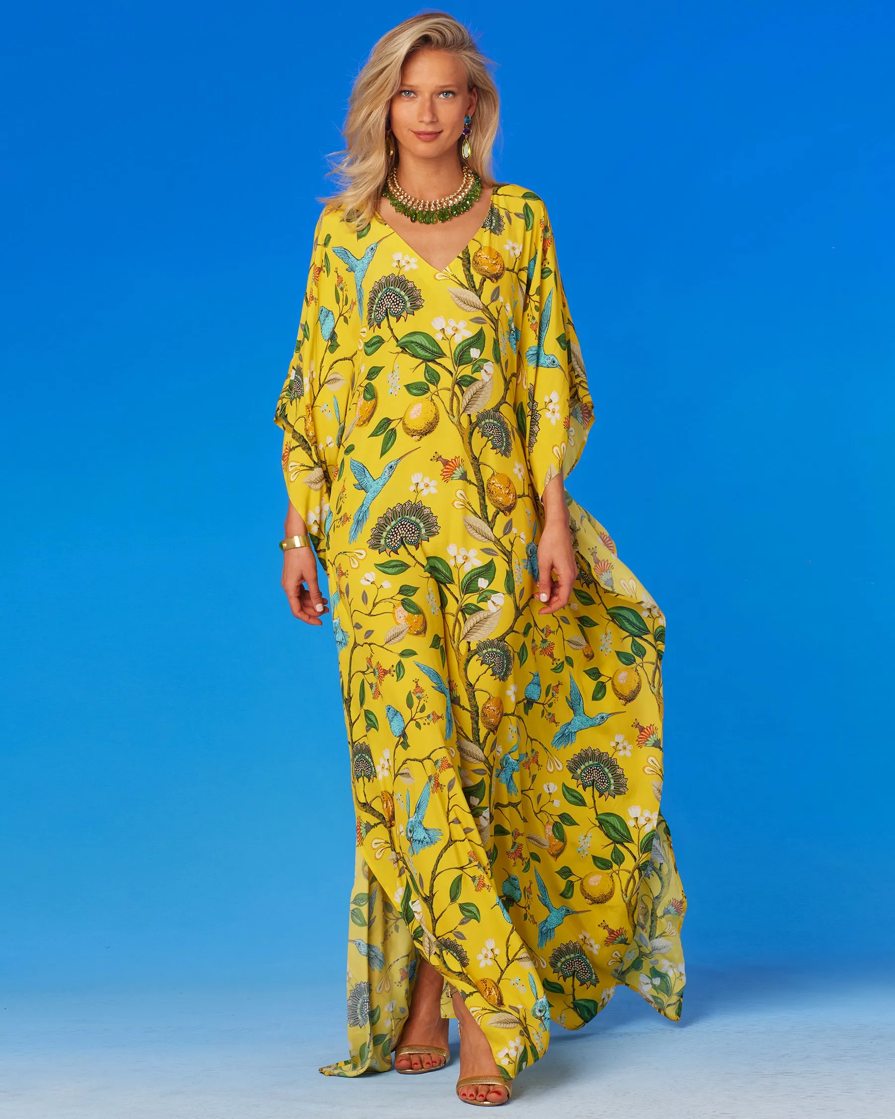 Flora Kaftan in Yellow Hummingbird Print