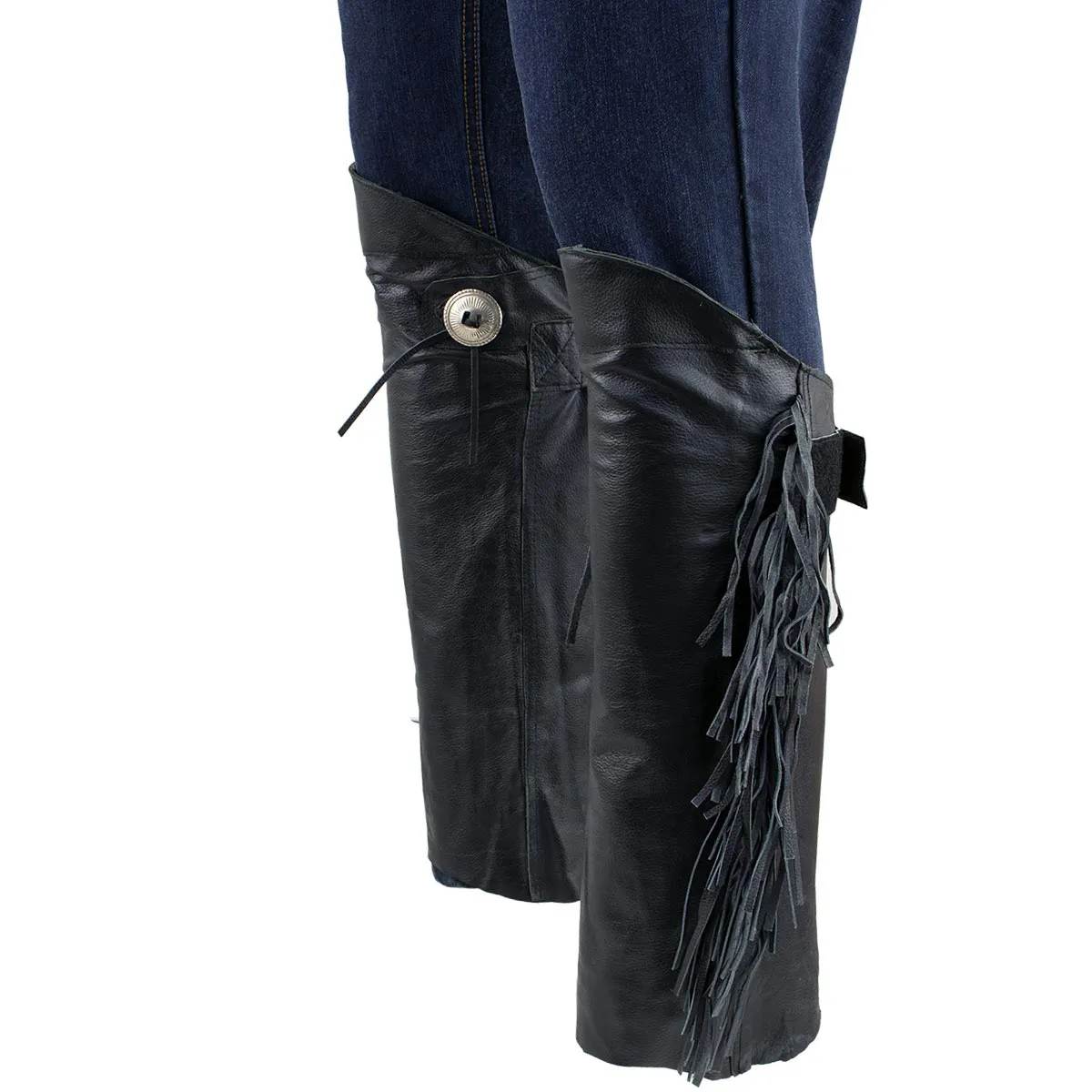 Genuine Leather SH1199FR Women's Black ‘Fringed’ Leather Short Chaps with Conchos with Conchos