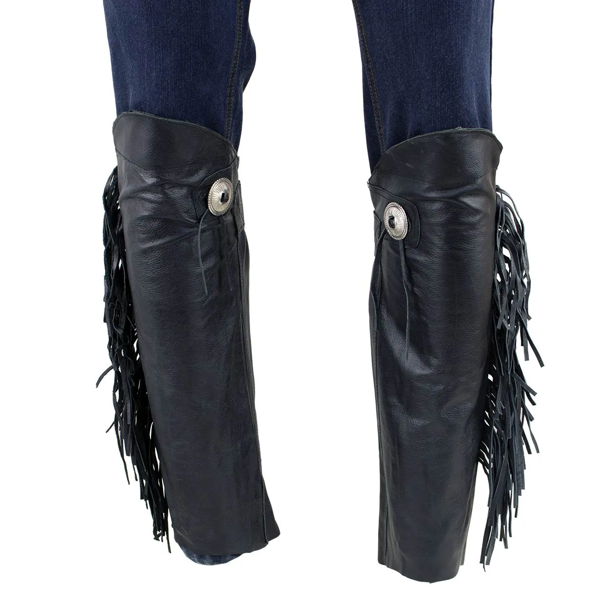 Genuine Leather SH1199FR Women's Black ‘Fringed’ Leather Short Chaps with Conchos with Conchos