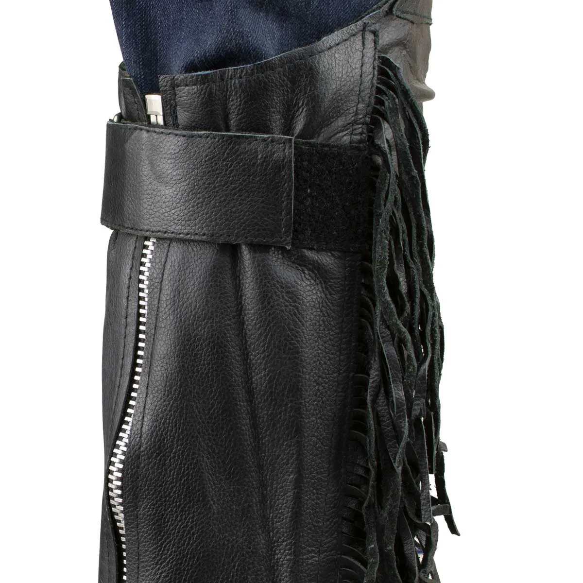 Genuine Leather SH1199FR Women's Black ‘Fringed’ Leather Short Chaps with Conchos with Conchos