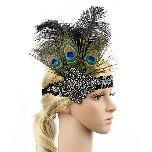 Great Gatsby 1920's Flapper Feather Headdress Fancy Dress - Black (Style 11)