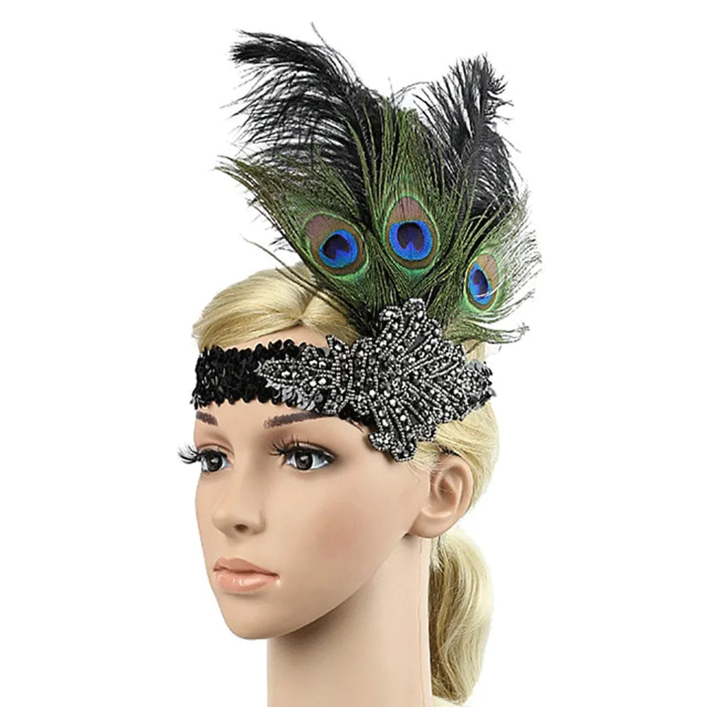 Great Gatsby 1920's Flapper Feather Headdress Fancy Dress - Black (Style 11)