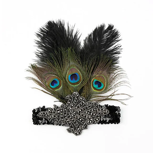 Great Gatsby 1920's Flapper Feather Headdress Fancy Dress - Black (Style 11)