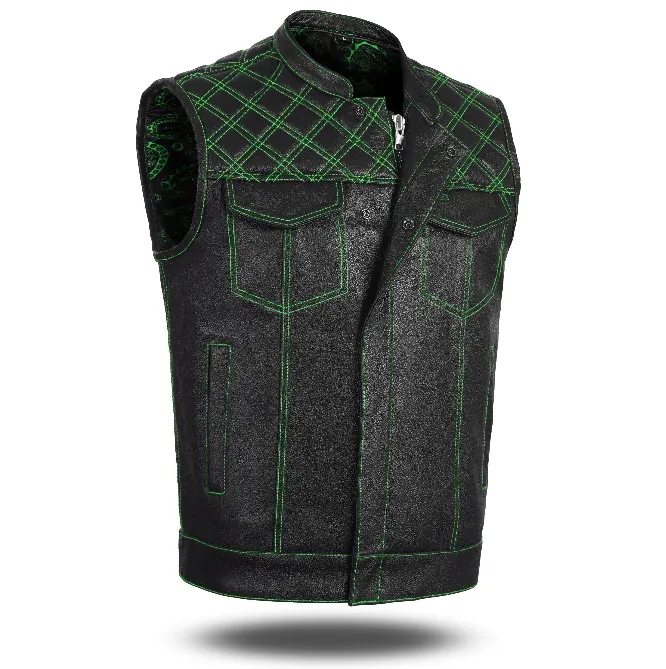 GREEN HL11693SPTGREEN  Black Men Cross Stitch Club Leather Vest