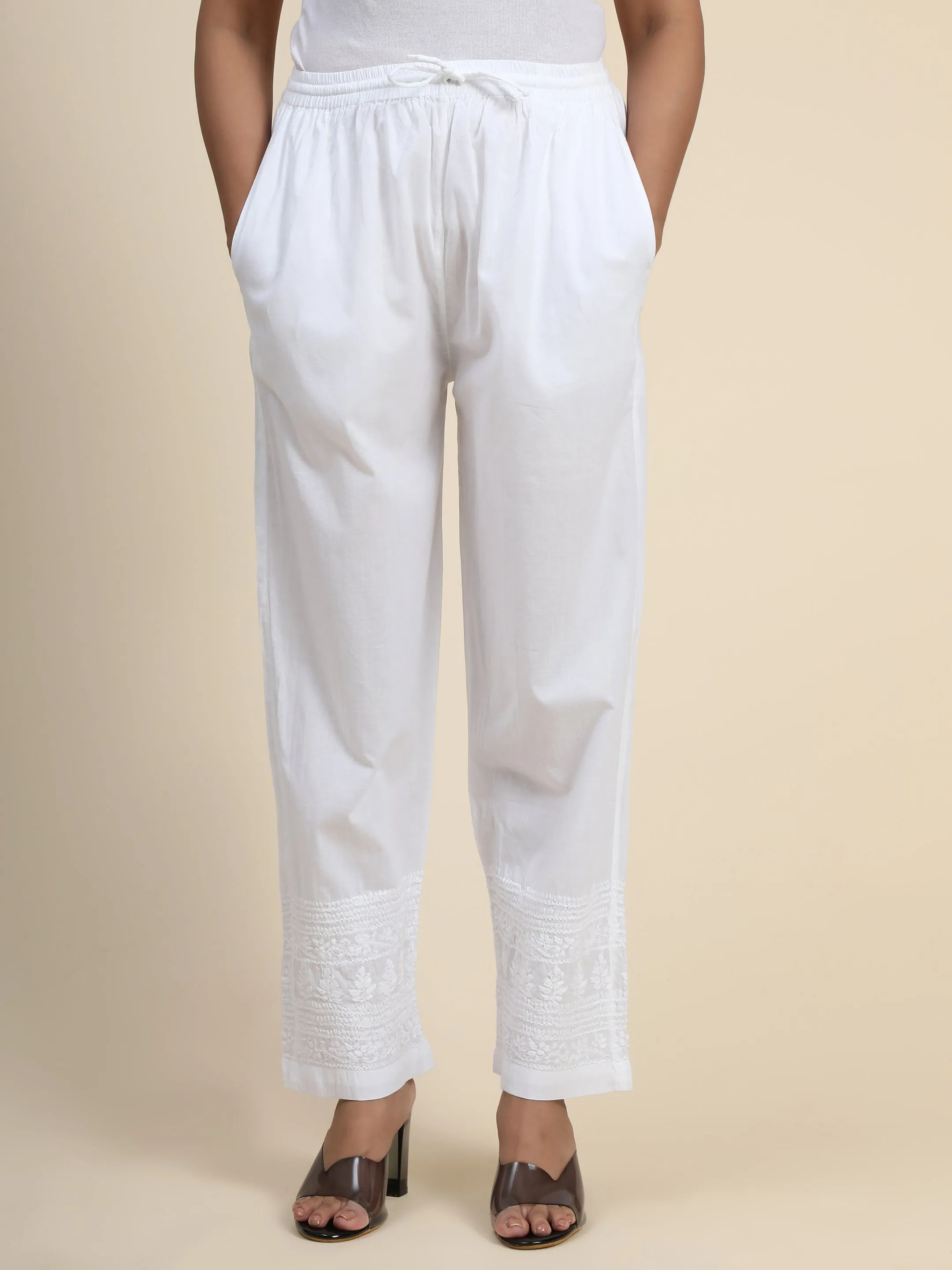 HOK Chikankari Cotton White Pant Trouser