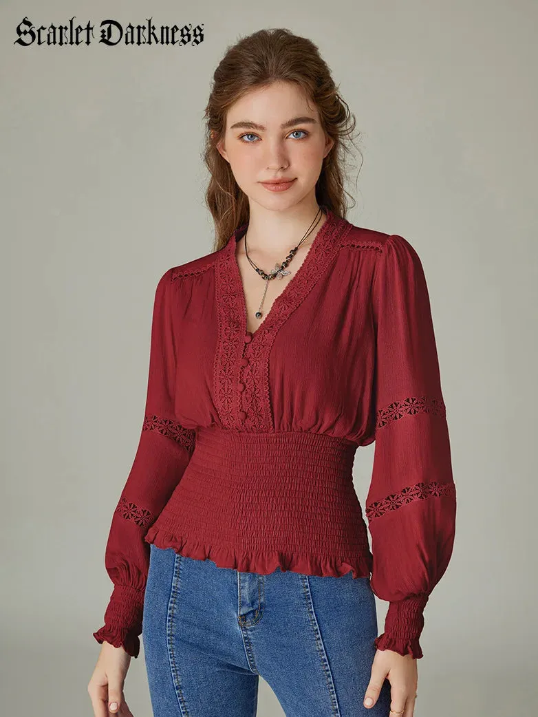 Hollow out Smocked Waist V-Neck Cotton Pullover Tops