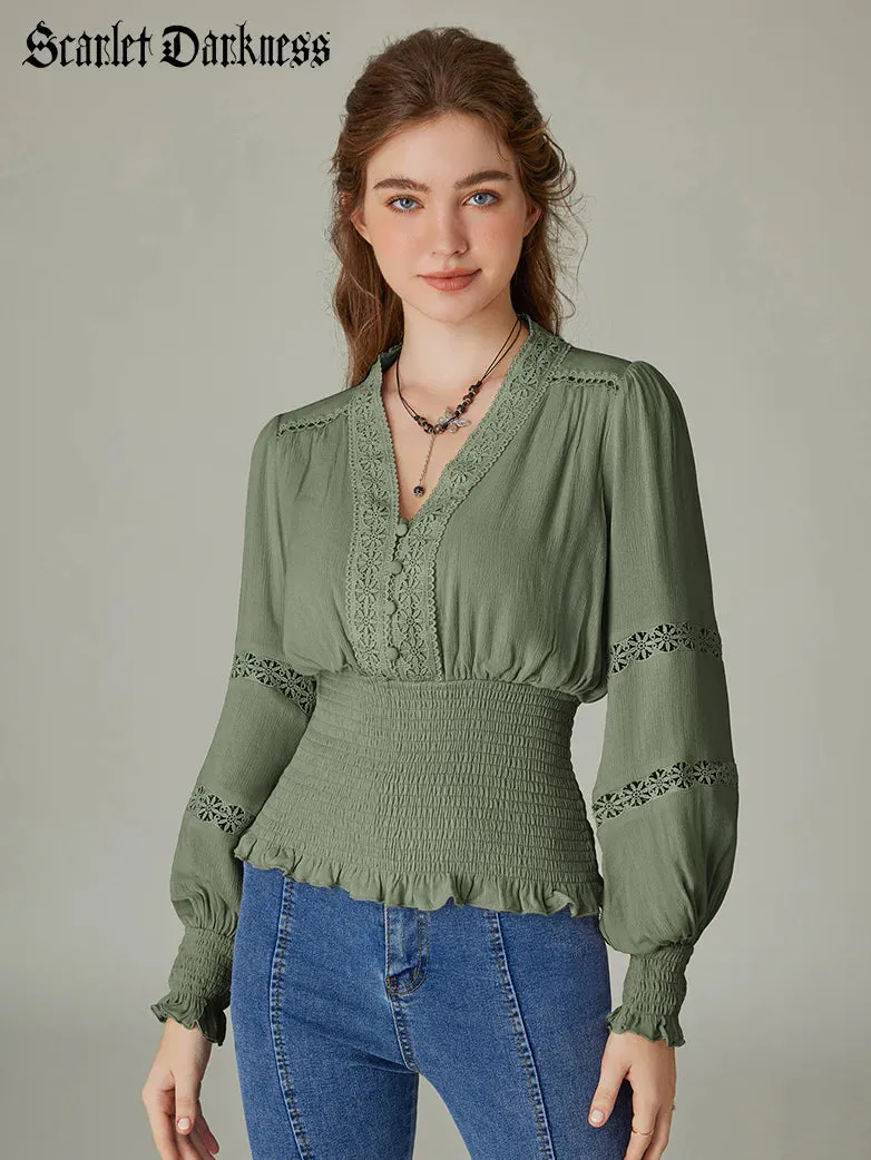 Hollow out Smocked Waist V-Neck Cotton Pullover Tops