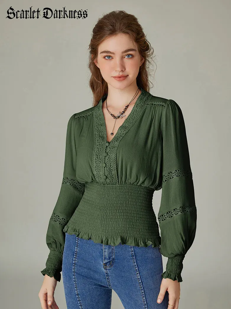 Hollow out Smocked Waist V-Neck Cotton Pullover Tops