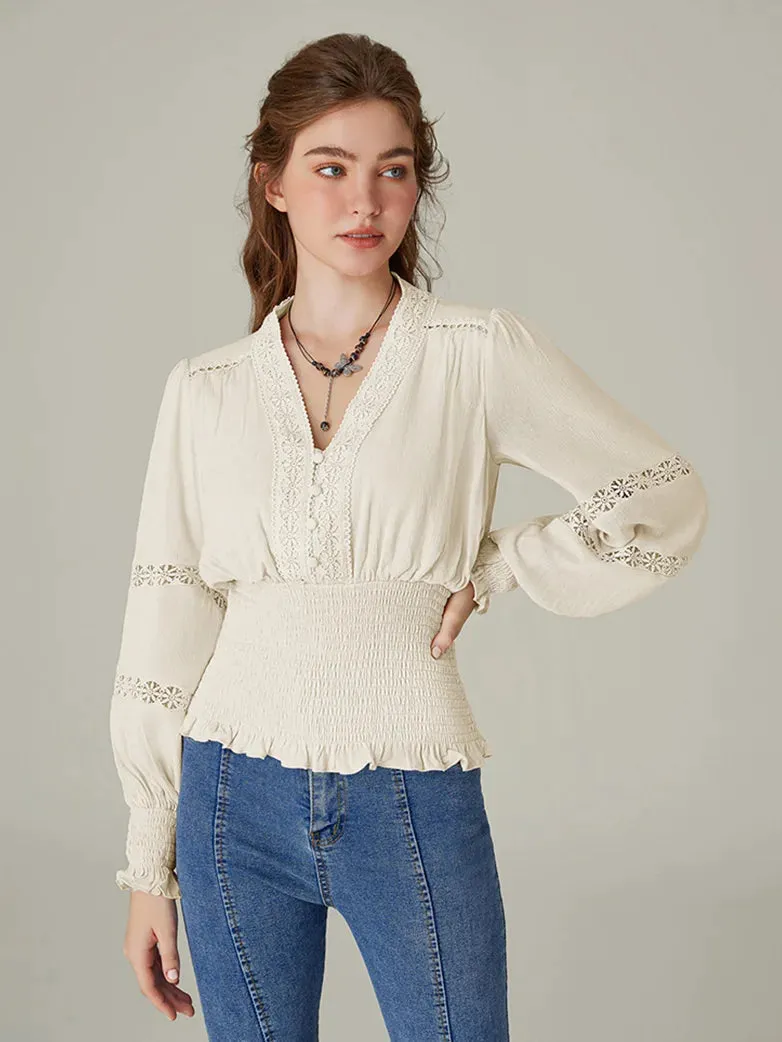 Hollow out Smocked Waist V-Neck Cotton Pullover Tops