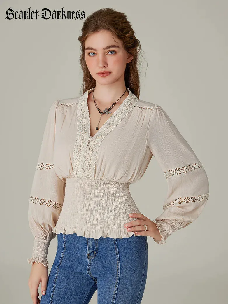 Hollow out Smocked Waist V-Neck Cotton Pullover Tops