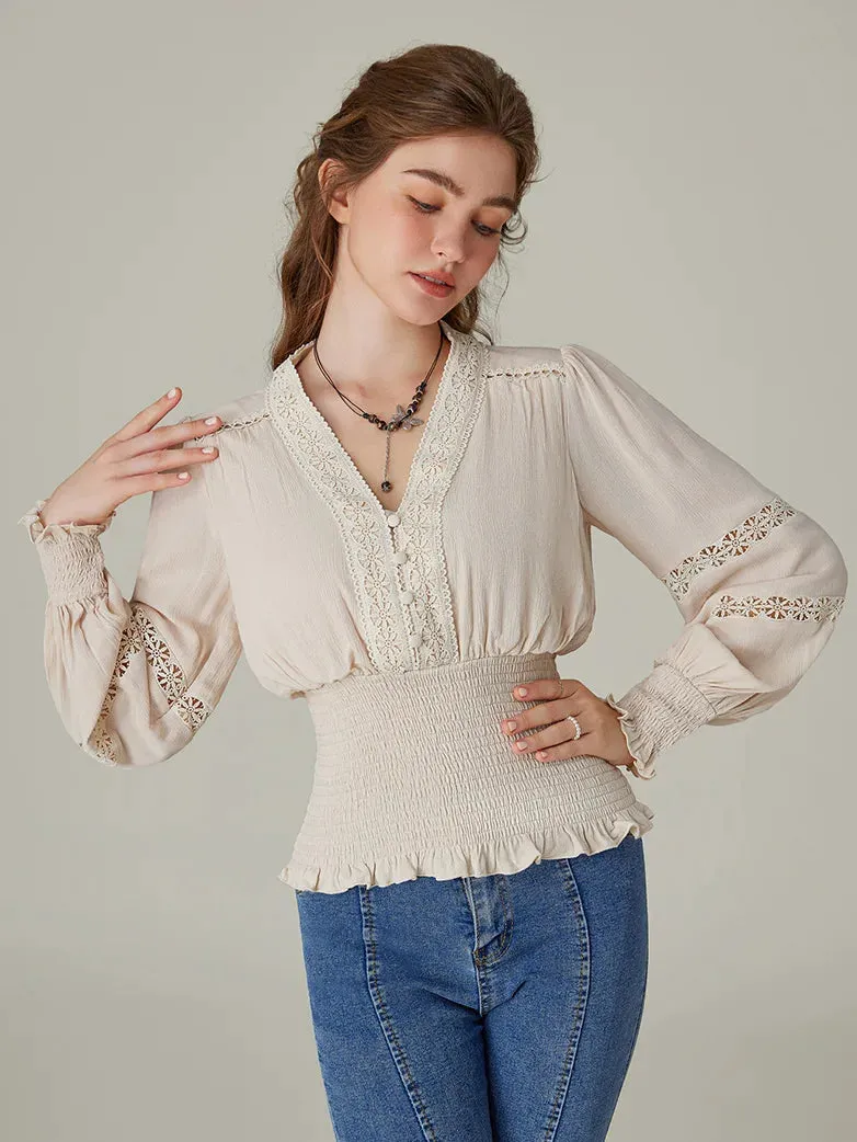 Hollow out Smocked Waist V-Neck Cotton Pullover Tops