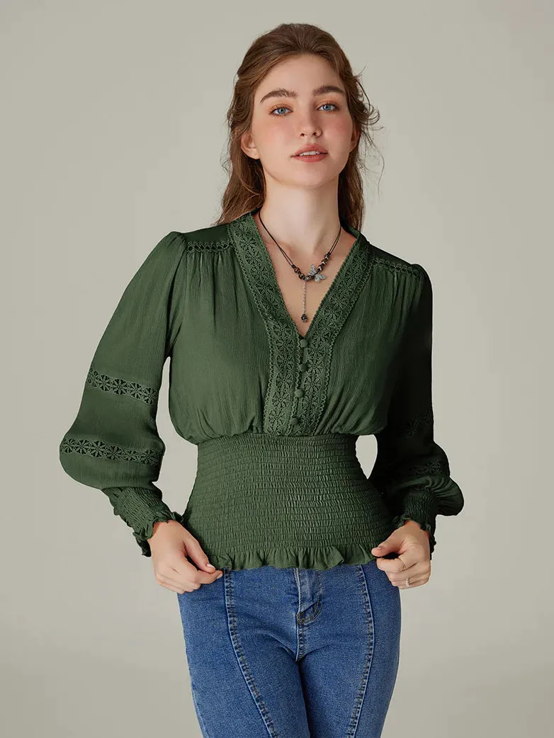 Hollow out Smocked Waist V-Neck Cotton Pullover Tops