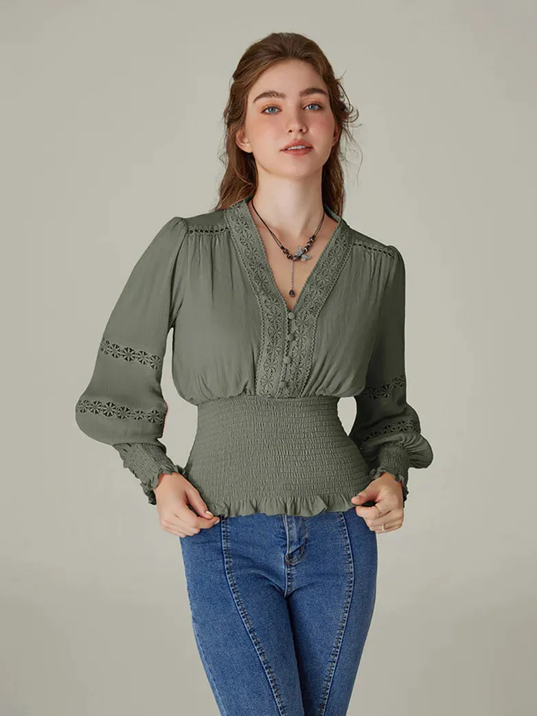 Hollow out Smocked Waist V-Neck Cotton Pullover Tops