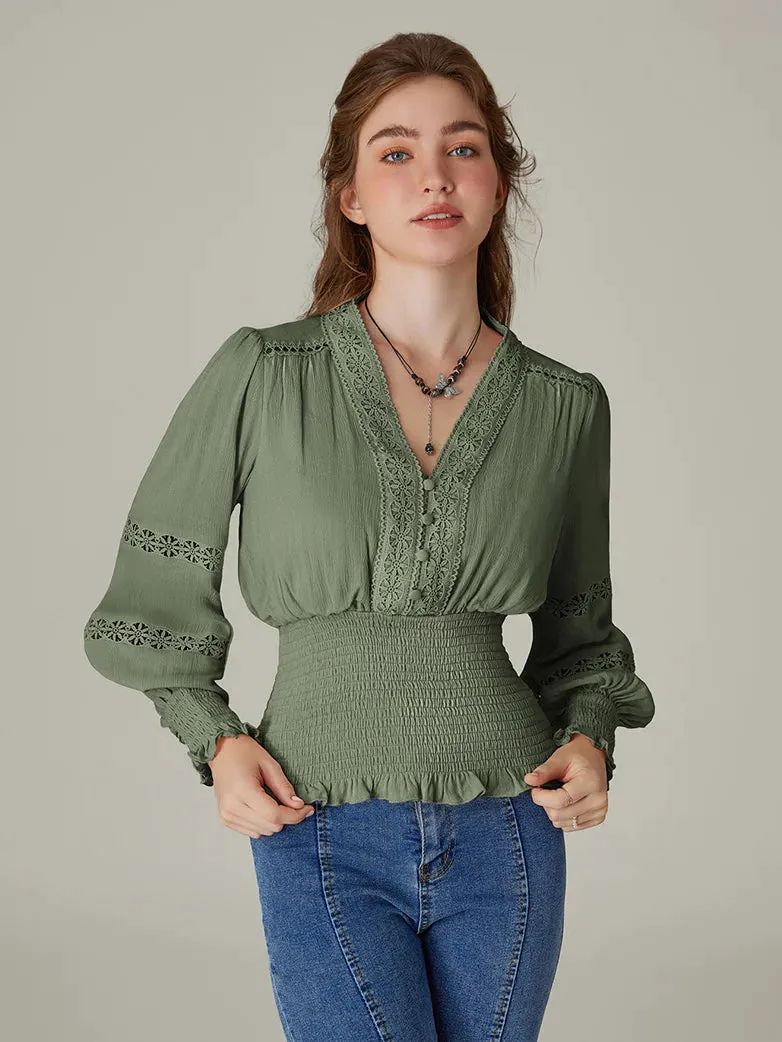 Hollow out Smocked Waist V-Neck Cotton Pullover Tops