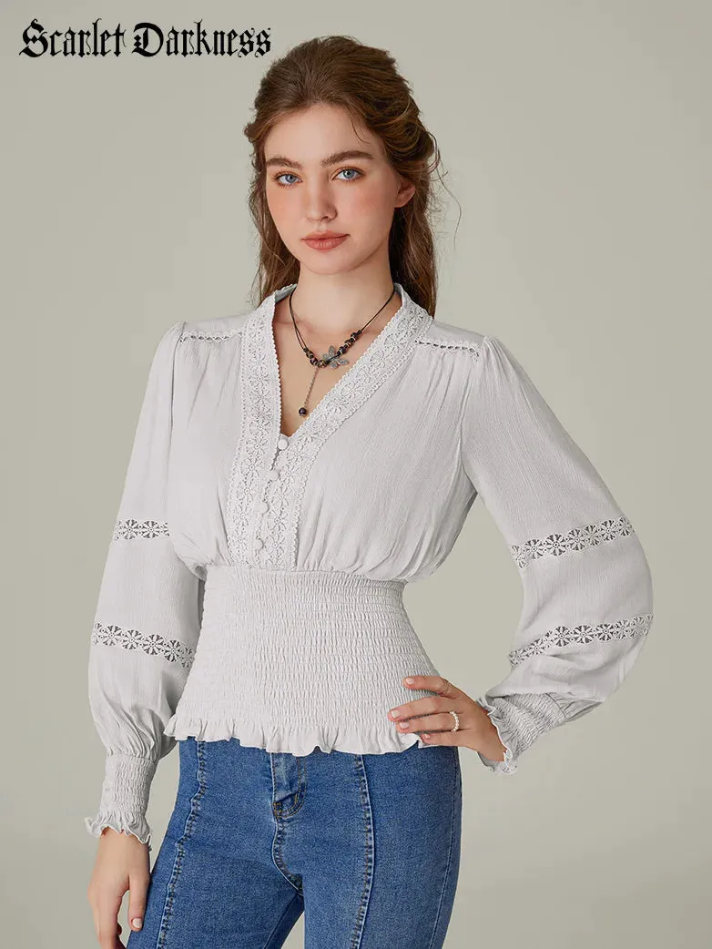 Hollow out Smocked Waist V-Neck Cotton Pullover Tops