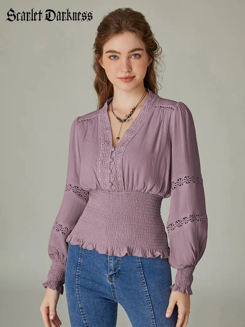 Hollow out Smocked Waist V-Neck Cotton Pullover Tops