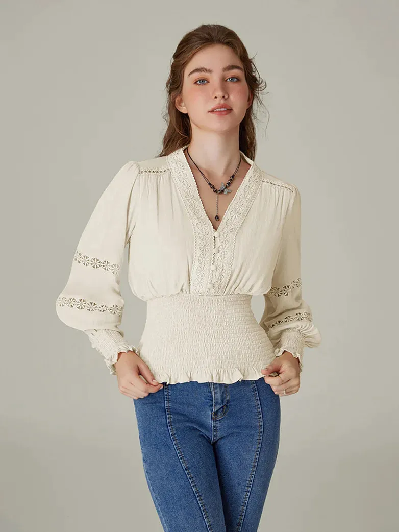 Hollow out Smocked Waist V-Neck Cotton Pullover Tops