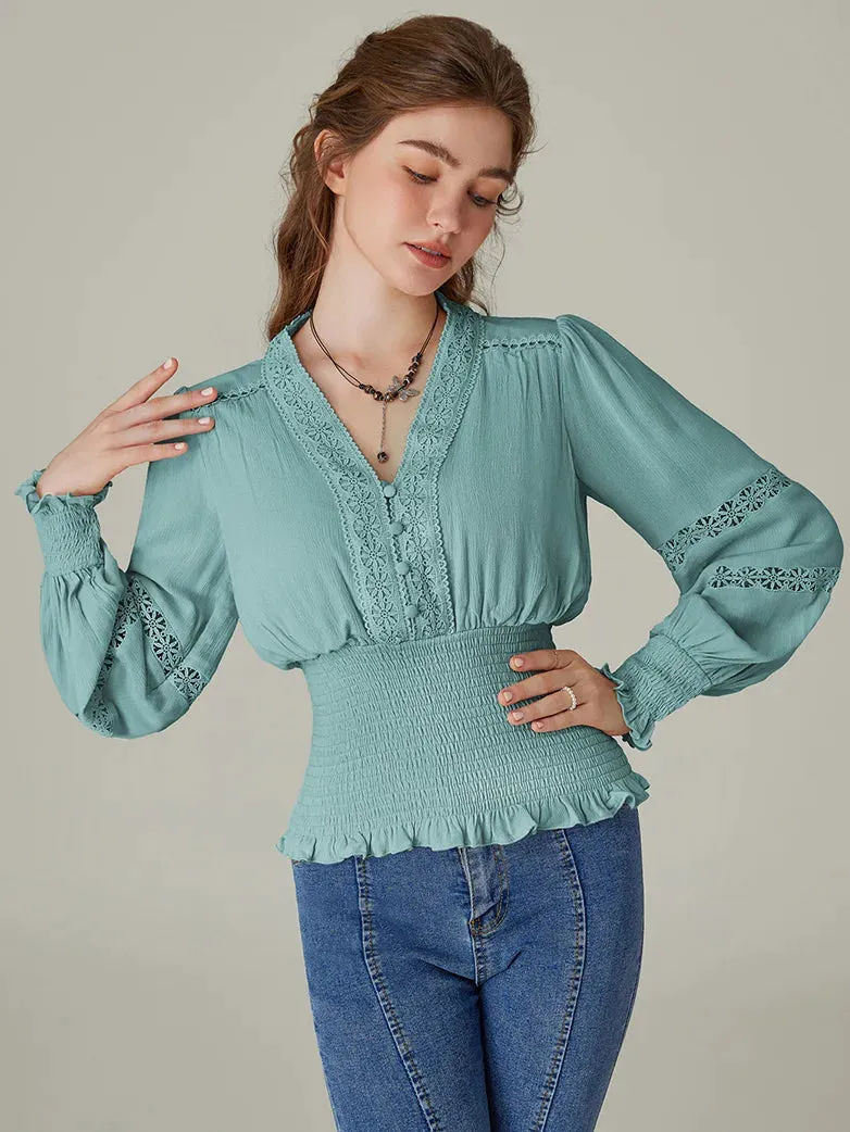 Hollow out Smocked Waist V-Neck Cotton Pullover Tops