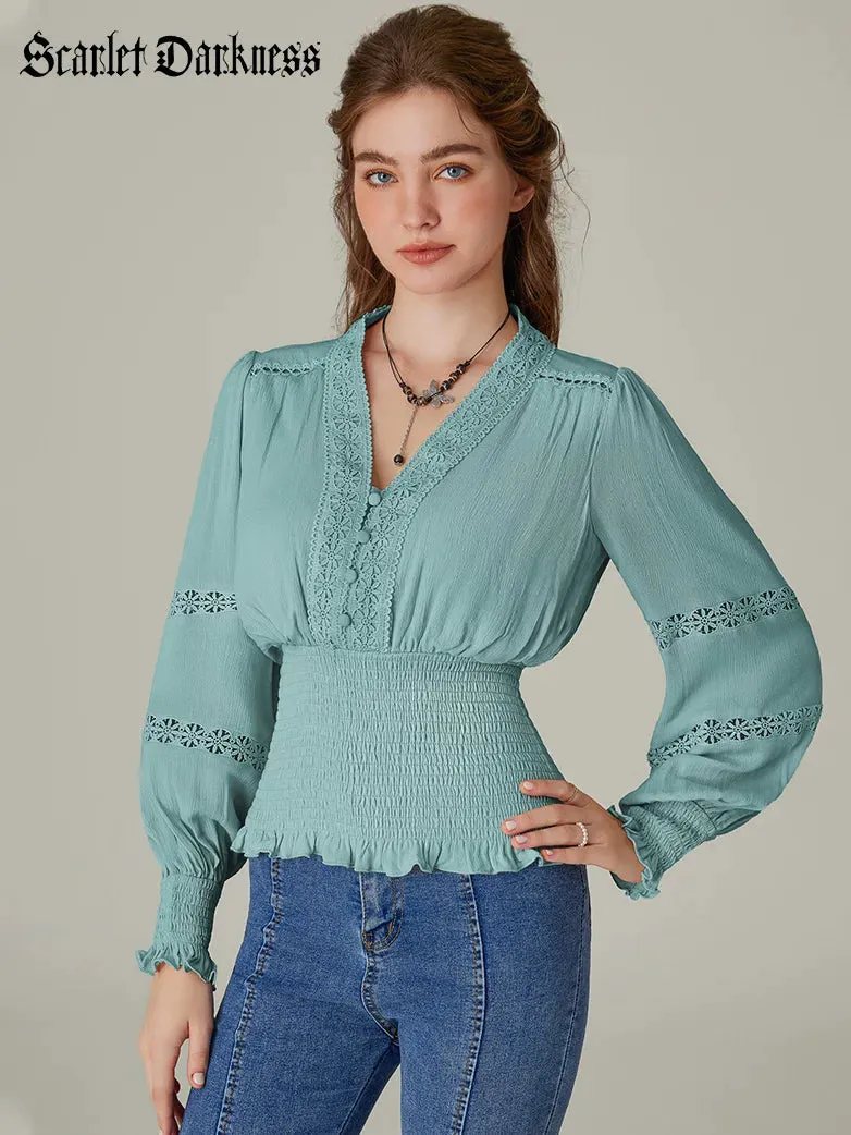 Hollow out Smocked Waist V-Neck Cotton Pullover Tops