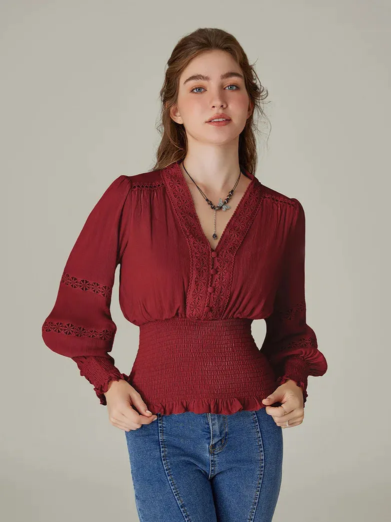 Hollow out Smocked Waist V-Neck Cotton Pullover Tops