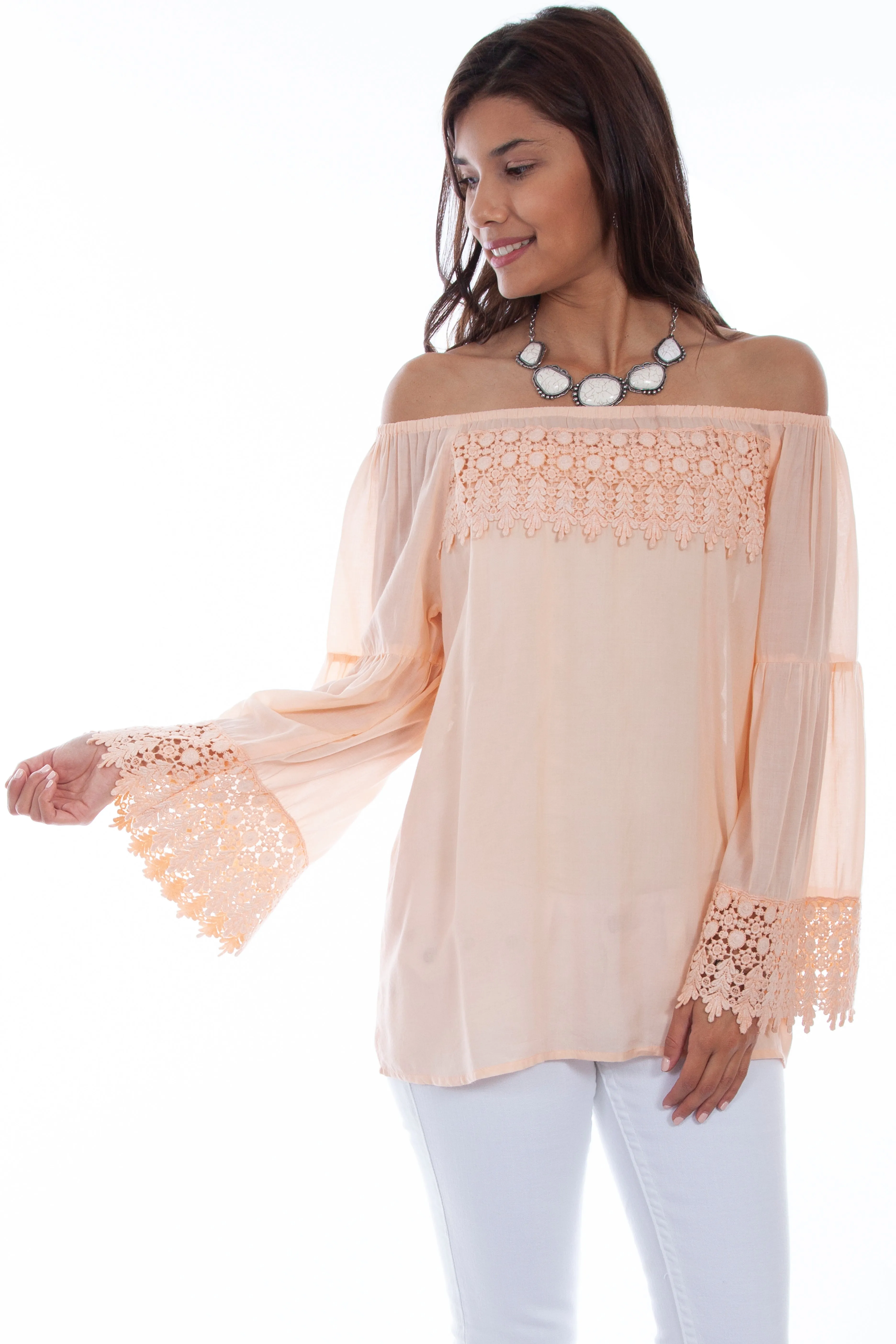 Honey creek peach peasant blouse w/crochet lace