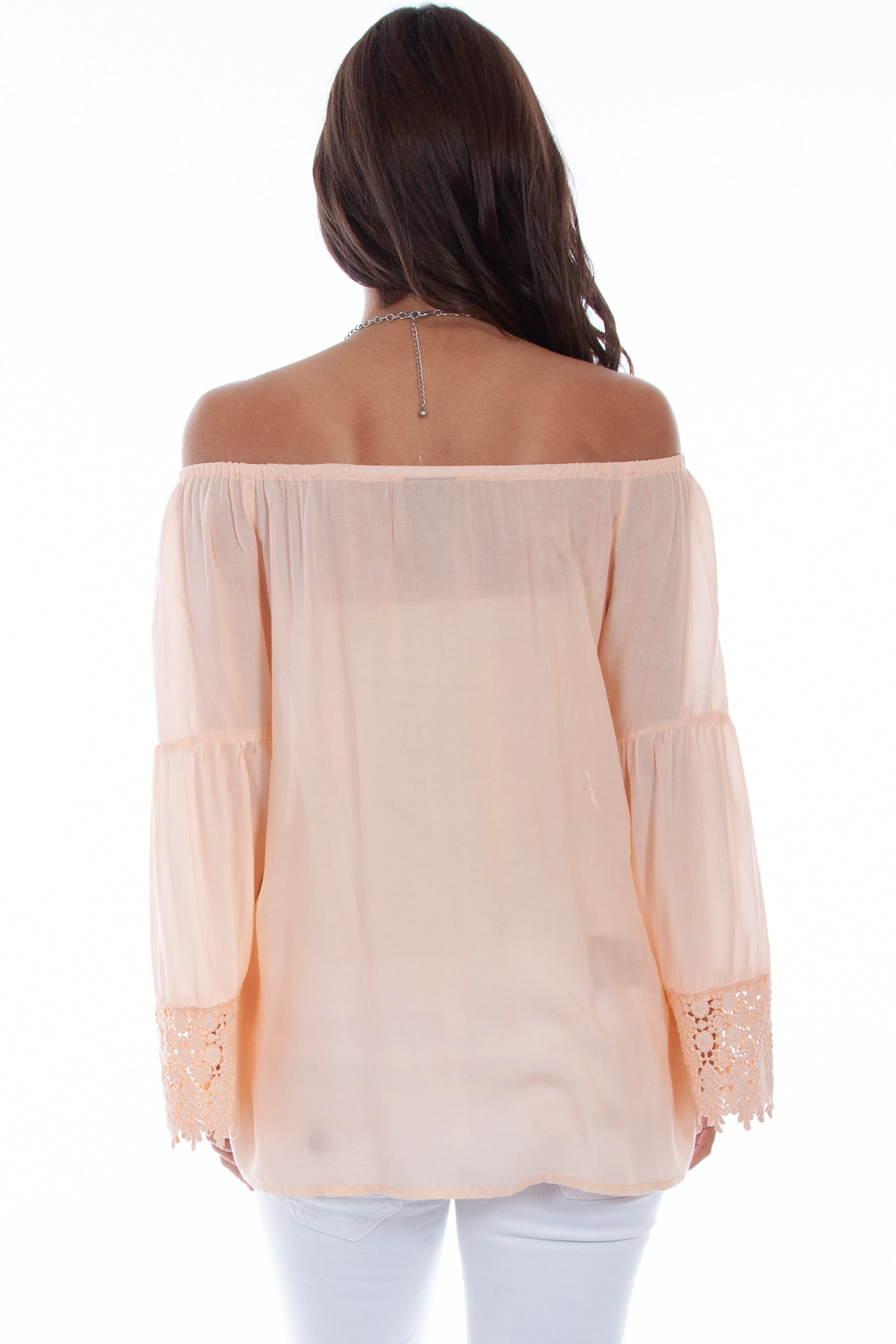 Honey creek peach peasant blouse w/crochet lace