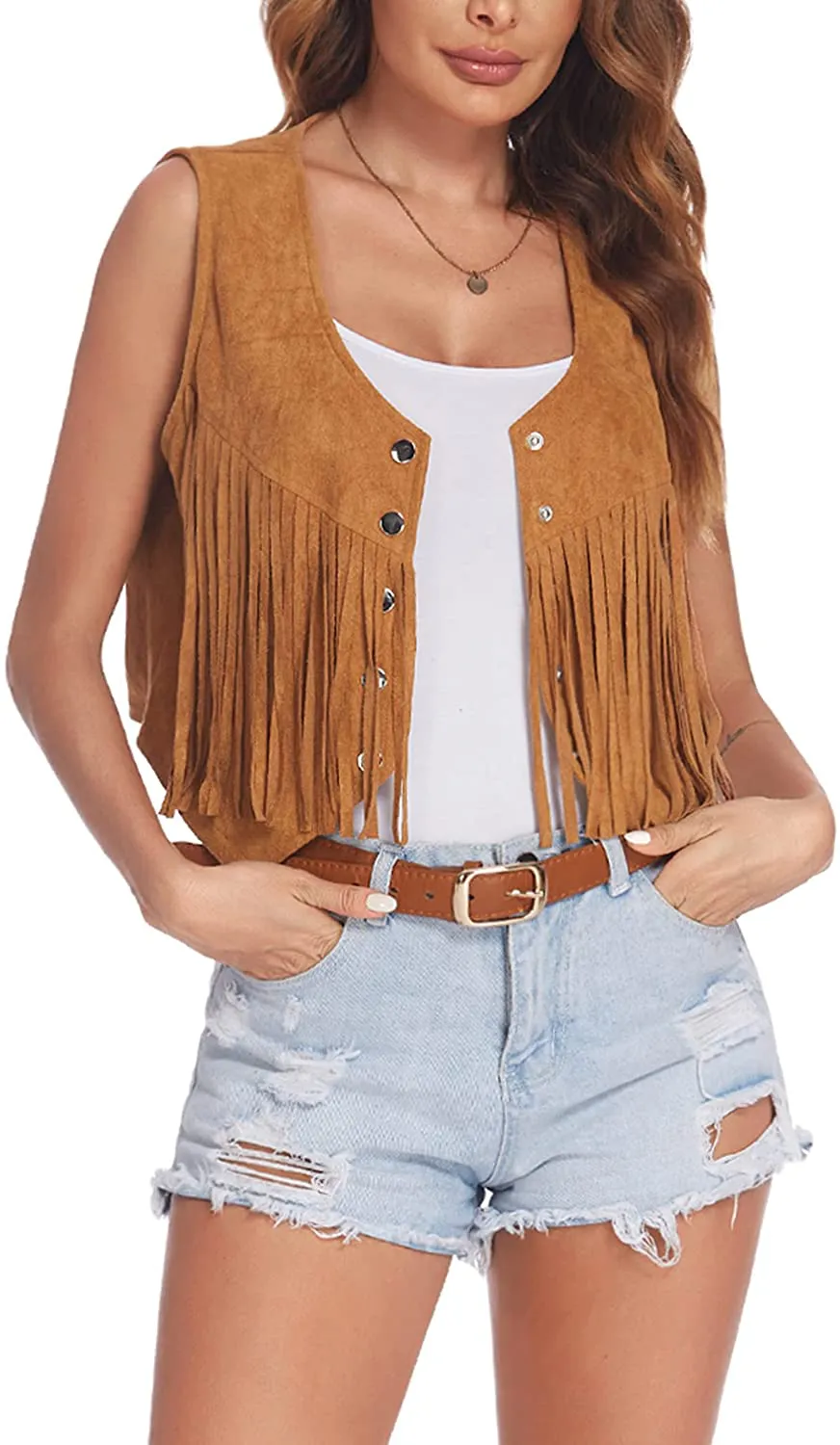 Hotouch Fringe Vest Women Faux Suede Open-Front Vintage Vest Sleeveless 70s Hippie Clothes Boho Western Jacket