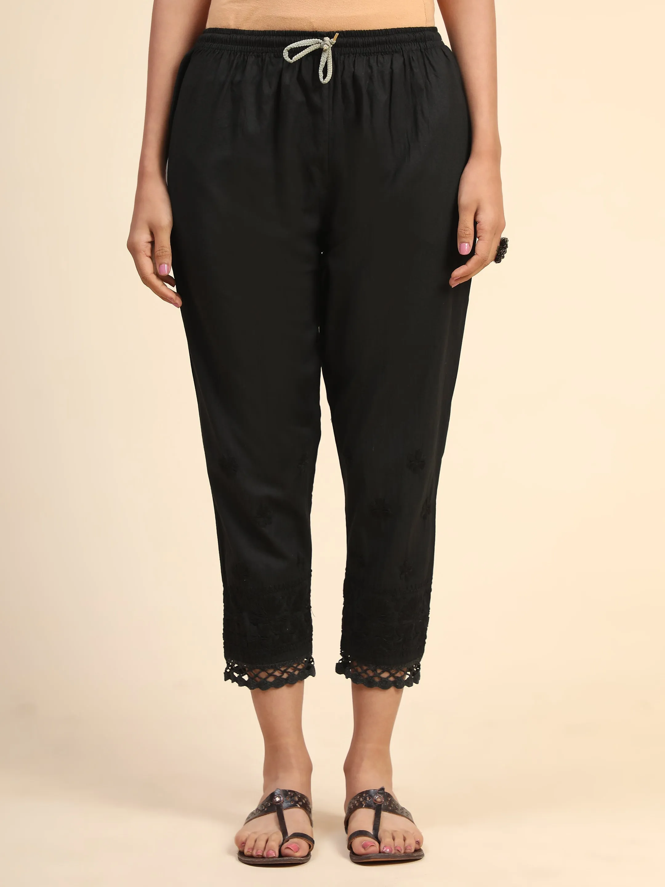 House Of Kari Chikankari Embroidered Cotton Black Relaxed Pants-11