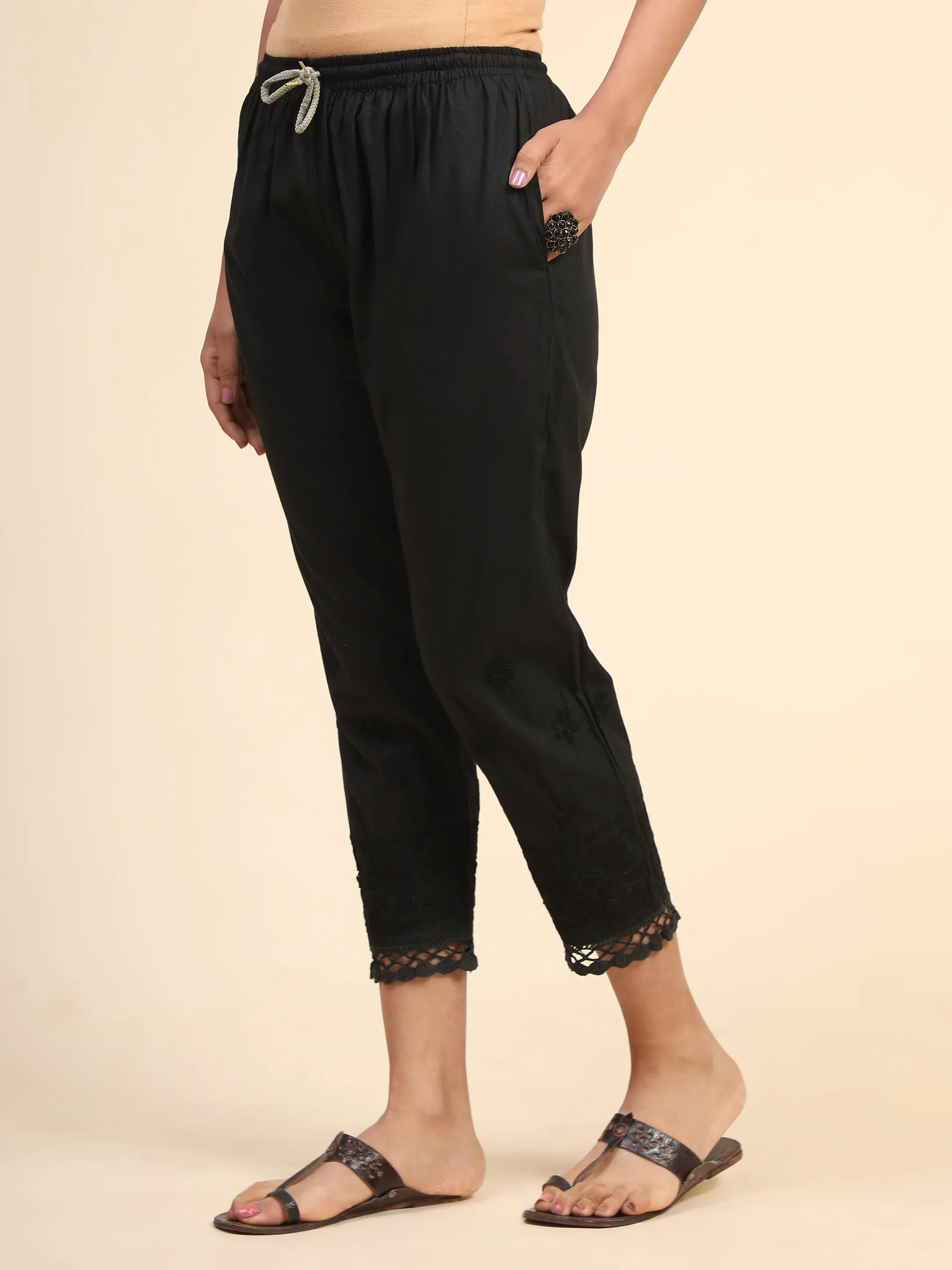 House Of Kari Chikankari Embroidered Cotton Black Relaxed Pants-11