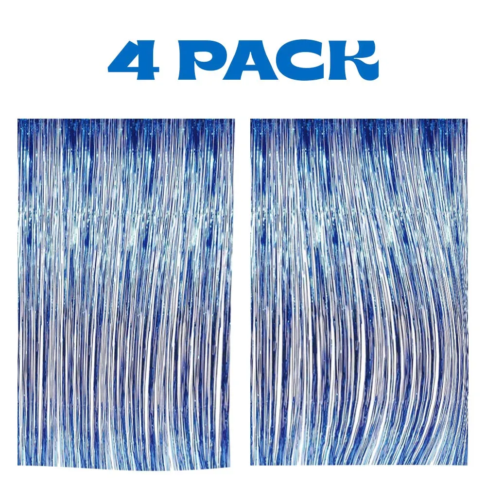 Kicko Blue Foil Fringe Curtain - 4 Pack, 3 X 8 Feet - 36 X 96 Inches Metallic Panels -