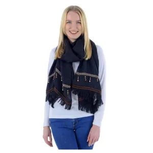 Klaudia Womens Black Fringed Scarf Beaded Wrap