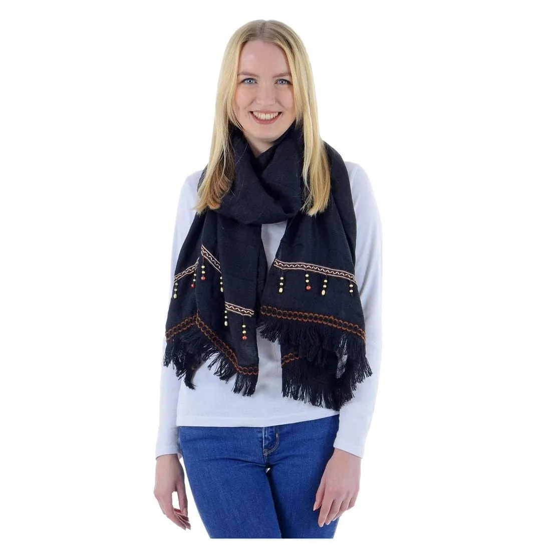 Klaudia Womens Black Fringed Scarf Beaded Wrap