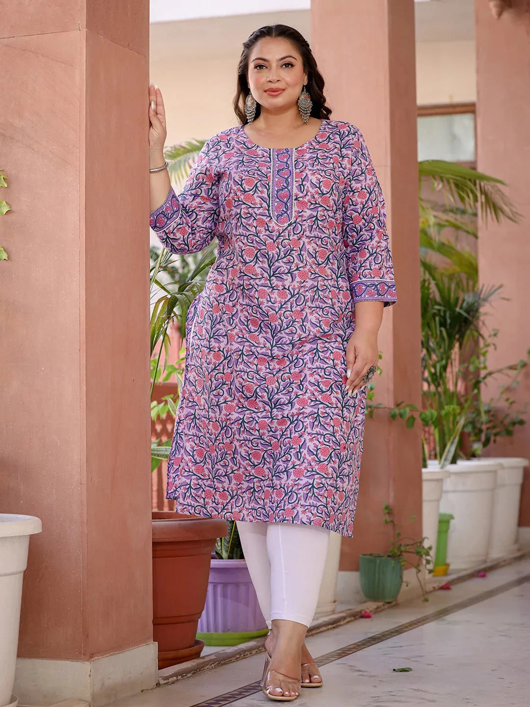 Lavender Cotton Floral Print Straight Shape Kurta