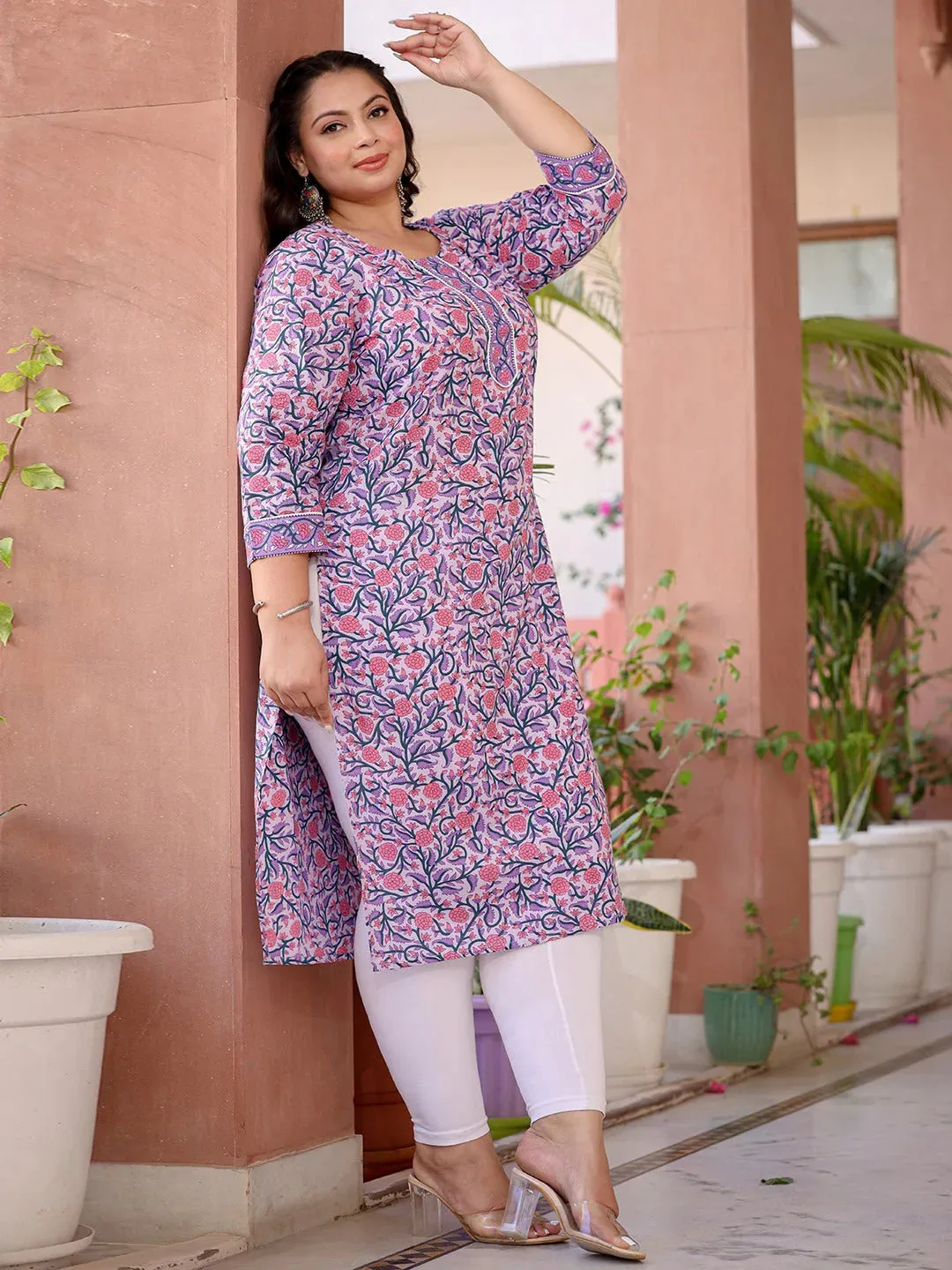 Lavender Cotton Floral Print Straight Shape Kurta