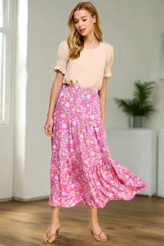 Made USA Flowers Print Tiered Layered Maxi Skirt - Pink