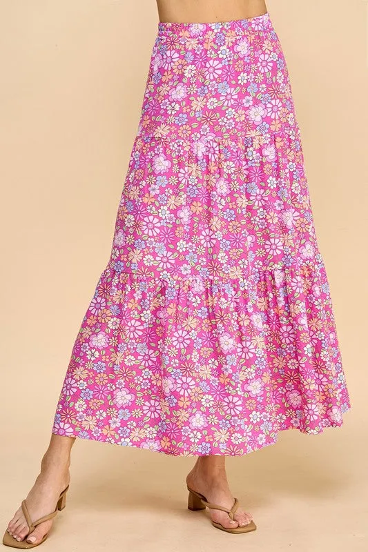 Made USA Flowers Print Tiered Layered Maxi Skirt - Pink