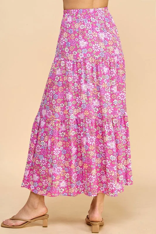 Made USA Flowers Print Tiered Layered Maxi Skirt - Pink