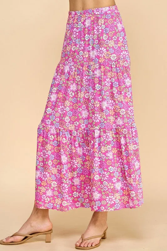 Made USA Flowers Print Tiered Layered Maxi Skirt - Pink