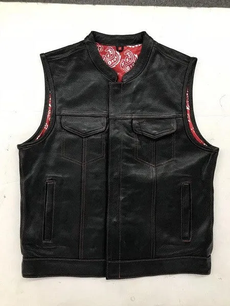 Men's Club Style Leather Vest with Red Paisley Lining