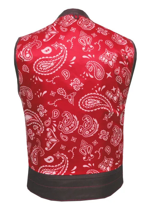 Men's Club Style Leather Vest with Red Paisley Lining