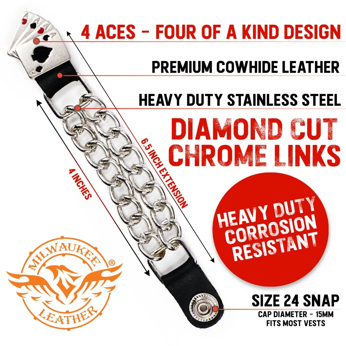 Milwaukee Leather 4 Aces Medallion Vest Extender - Double Chrome Chains Genuine Leather 6.5" Extension MLA1007-Single