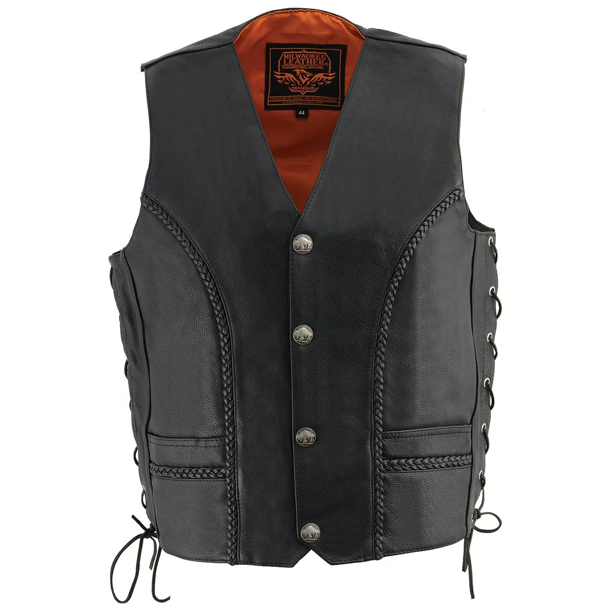 Milwaukee Leather ML1359 Men's Black Premium Leather Side Lace Motorcycle Rider Vest w/ Buffalo Nickel Snaps Closure