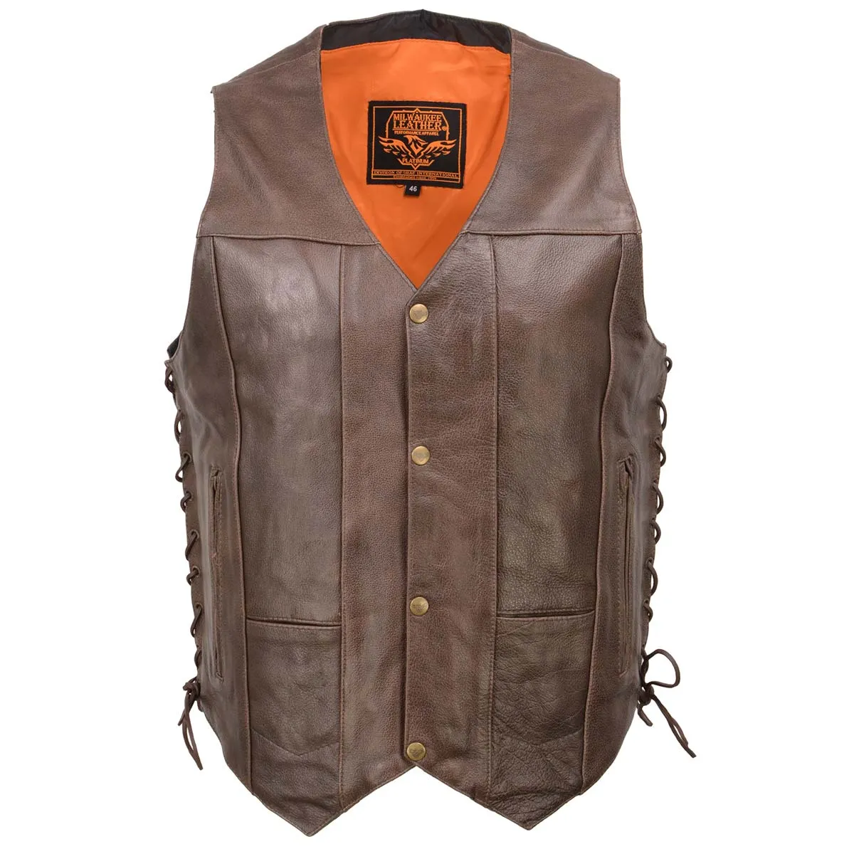 Milwaukee Leather ML1391RT Men's Retro Brown Leather Vest- 10 Pockets Side Lace 4-Snap V-Neck Motorcycle Rider Vest