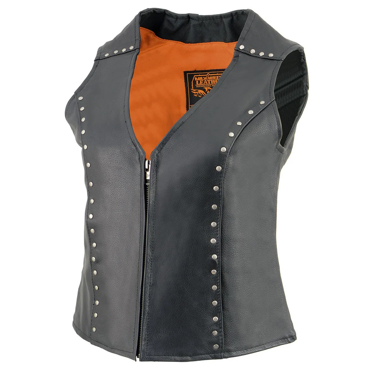 Milwaukee Leather ML2078 Women's Black Premium Leather Motorcycle Rider Vest- Studding Detail with Front Zip Closure