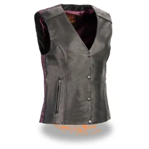 Milwaukee Leather MLL4570 Women's Studded Phoenix Black/Purple Leather Motorcycle Vest w/ Embroidery Art