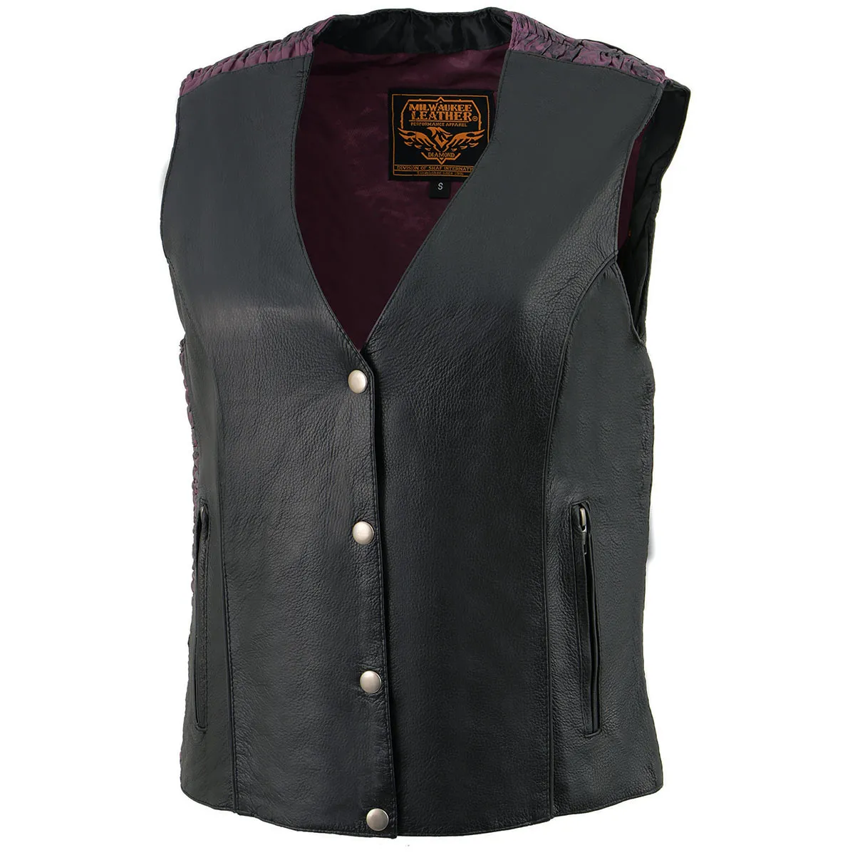 Milwaukee Leather MLL4570 Women's Studded Phoenix Black/Purple Leather Motorcycle Vest w/ Embroidery Art