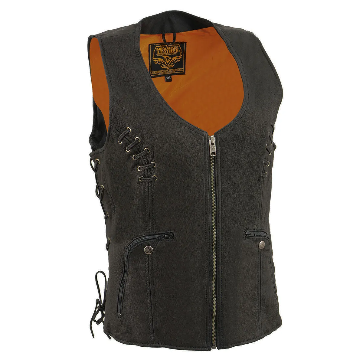 Milwaukee Leather MLL4575 Women's Black Leather Side Lace Multiple Pockets Round V-Neck Motorcycle Rider Vest