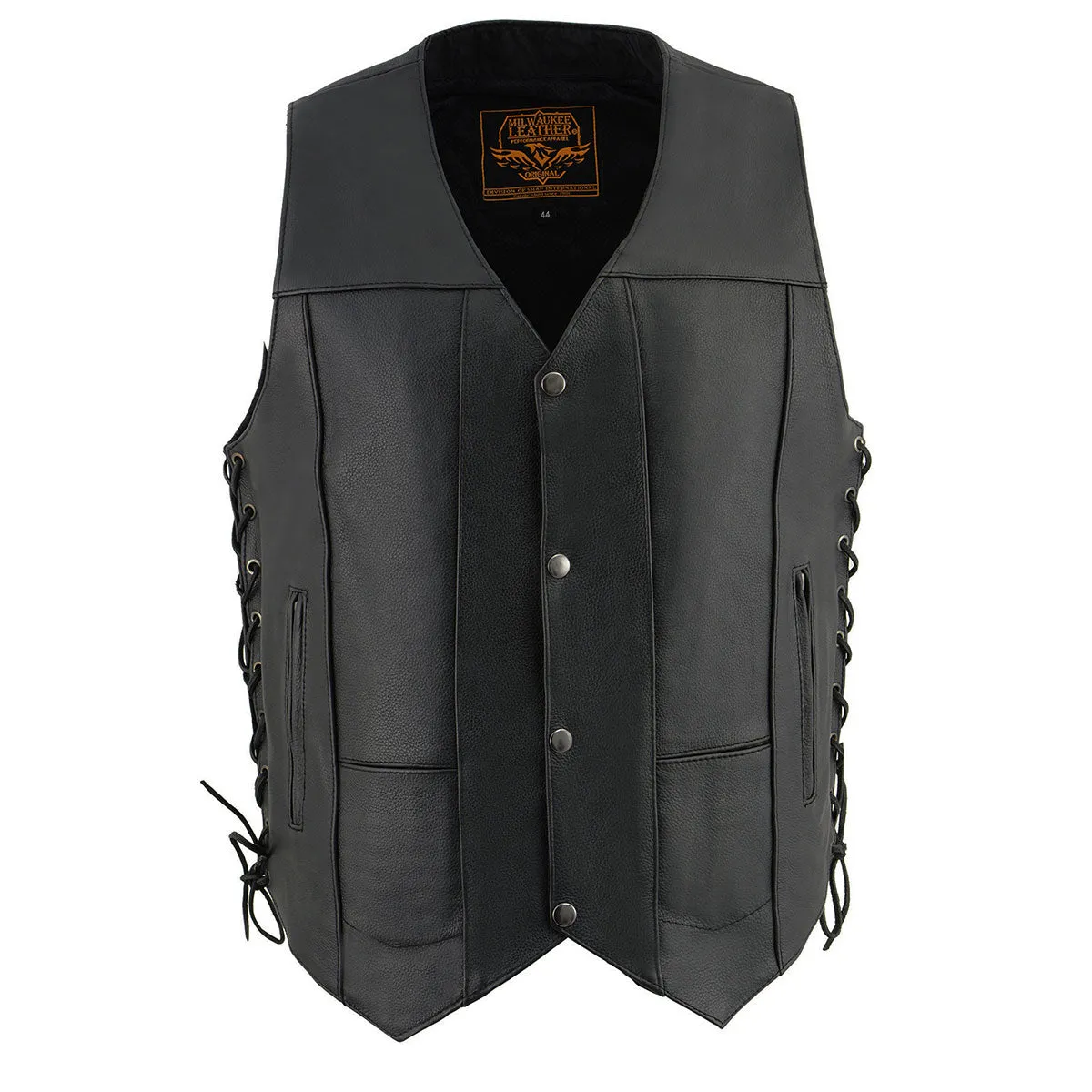 Milwaukee Leather SH1391 Men's Black Leather 10 Pocket V-Neck Side Lace Motorcycle Rider Vest w/ Front Snap Closure