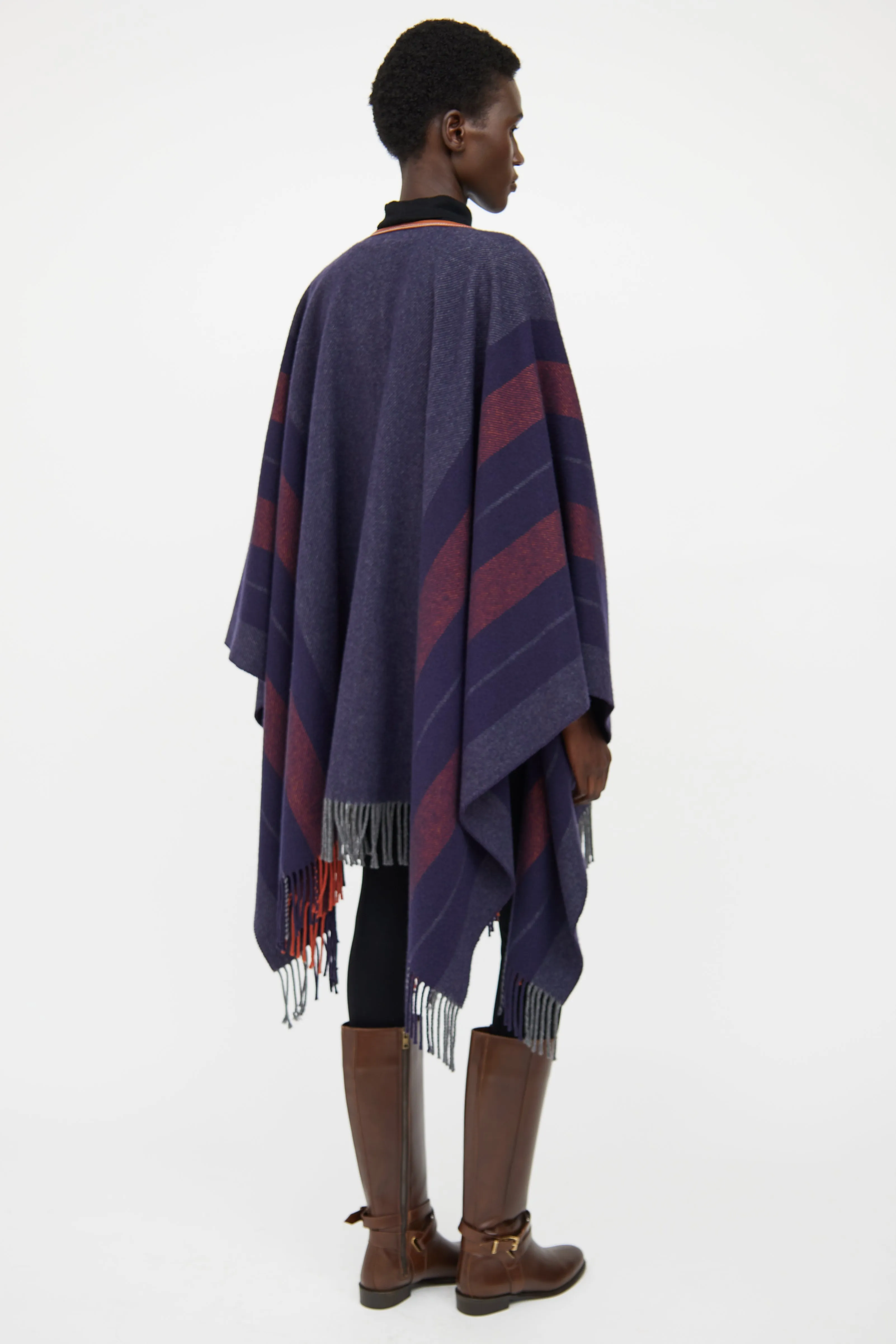 Navy & Brown Striped Wool Poncho